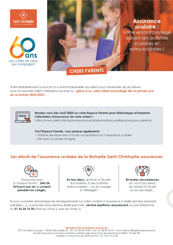 Visuel page 1 de l'assurance scolaire de l'école