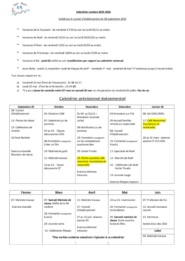 Calendrier scolaire de l'école Saint Martin 2025-2026