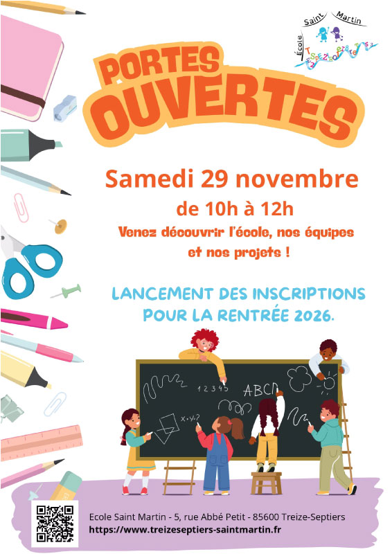 affiche-portes-ouvertes-ecole-saint-martin-29-novembre-2025 Portes ouvertes de l'école Saint Martin de Treize-Septiers le 29 novembre 2025